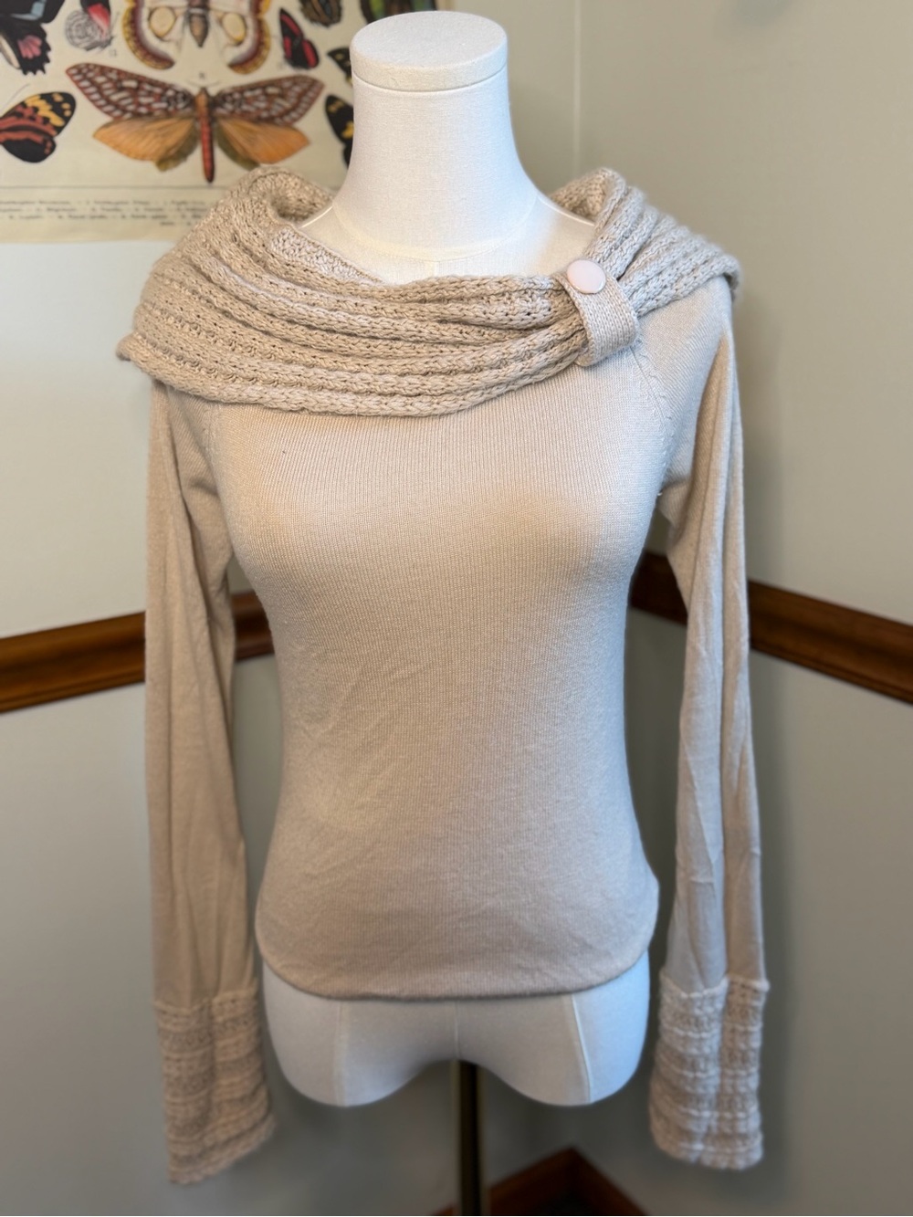 Cream Roll Over Shoulder Knit Sweater with Button Accent Size Medium